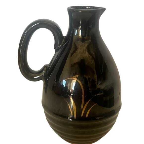 Vintage MCM Hand Painted Gold On Black Wheat Pattern Condiment Set W/Stand Japan - Picture 4 of 7